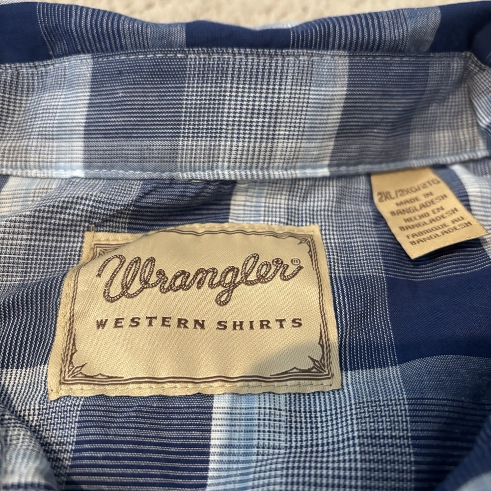 Vintage Wrangler Wrancher‎ Western Pearl Snap Shirt Blue Plaid Long Sleeve 2XL - Picture 3 of 9